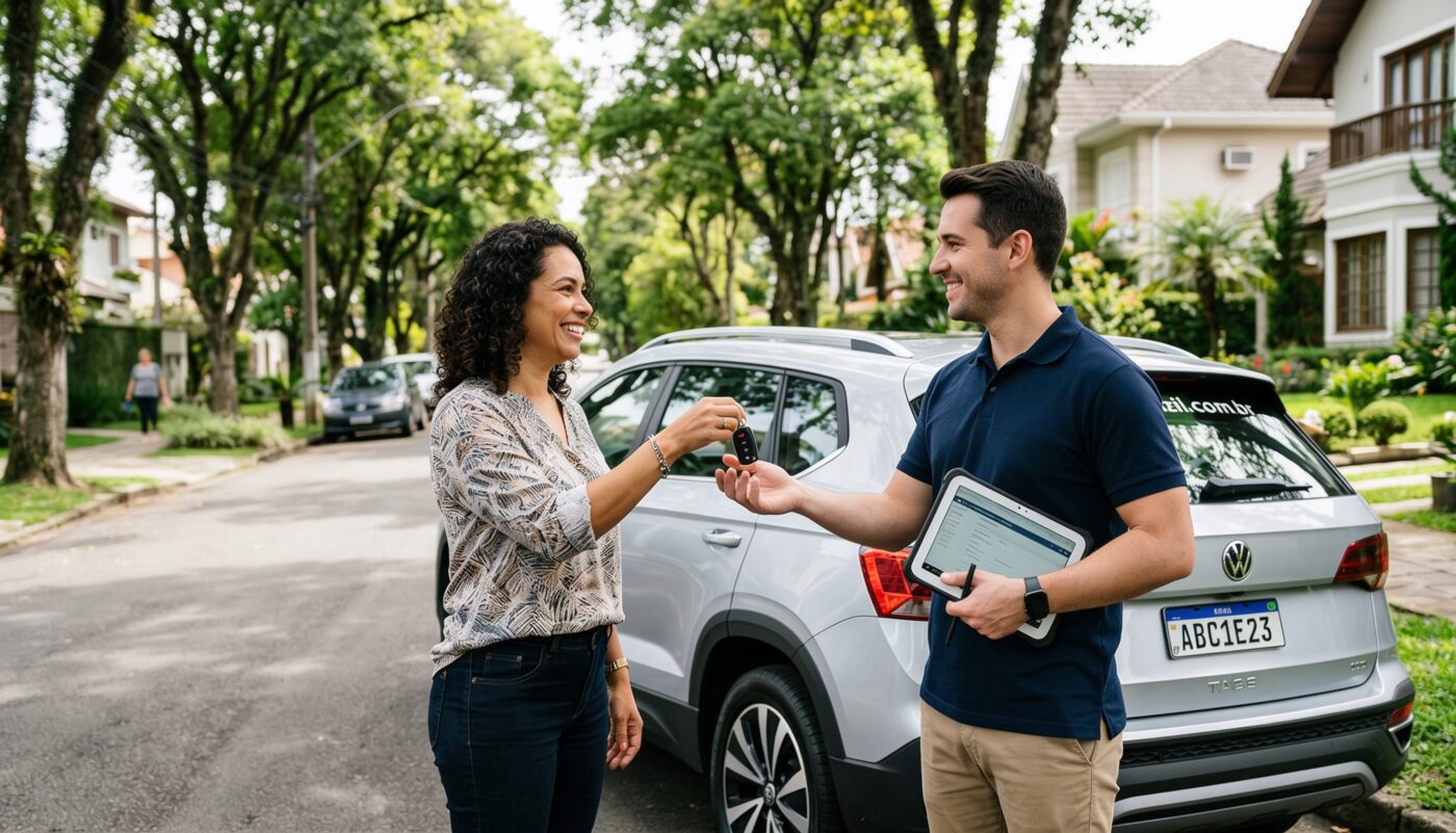 Avaliador da Compro Automóveis entregando as chaves ao cliente na rua